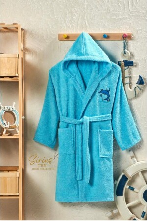 Hooded Turquoise Children's Bathrobe Girls-Boys Young 100% Cotton - Siriustex