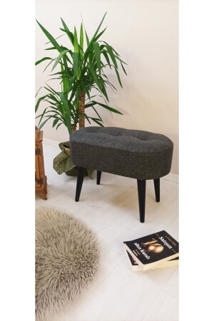 Hornbeam Black Wooden Leg Anthracite Linen Fabric Oval Pouf Bench - Webpanya