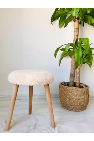 Hornbeam Wooden Retro Leg Decorative Cream Plush Pouf Stool Bench Seat Chair - Webpanya