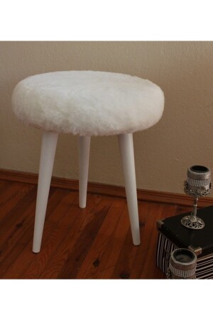 Hornbeam Wooden Retro Leg Decorative White Plush Pouf Stool Bench Sofa Chair - Albatros