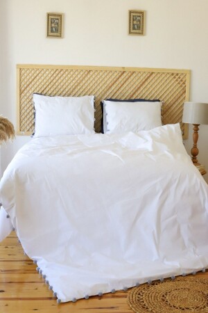 Hotel Series Gray Pompom 100% Cotton Luxury Double White Duvet Cover Set pnpngr1122 - Tekstil Home