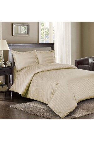 Hotel Series Luxury Silk Textured Striped Cotton Satin Duvet Cover Set 200x220 Cm Fitted Bed Sheet slkcn0001 - EVYA