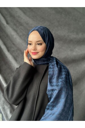 Houndstooth Pattern Navy Blue Cotton Jacquard Shawl - Mis İpek
