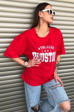 Houston Baskılı Kadın Oversize Kırmızı Salas T-shirt Boyfriend - Mercoledi