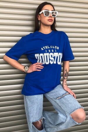 Houston Bedrucktes übergroßes Saks Blue Salas T-Shirt für Damen im Boyfriend-Stil - Mercoledi