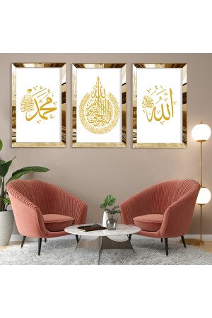 Hz Muhammed Ve Allah Lafzı Gold Pleksi Kenar 3'lü Mdf Tablo 435B.jpg - Zevahir Mobilya Dekorasyon