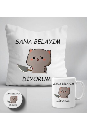 I Call You Trouble Written Cat Printed Pillow + Mug and Coaster Set R88 - GünayStore