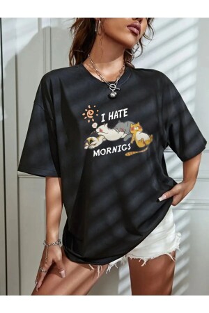 I Hate Mornings Sevimli Kediler Baskılı Oversize T-shirt - Modern Moda
