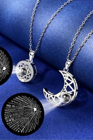 I Love You in 100 Languages ​​Crescent and Star Magnetic Lover Necklace Bbk45 - Takı Dükkanı