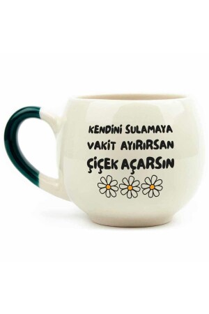 If You Take Time to Water Yourself, You Will Bloom Cream Glossy Balloon Mug (GREEN HANDLE) - Gift Seramik - Palto Tasarım