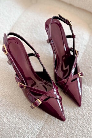 İki Bantlı Bordo Rugan Kadın Topuklu - Duxal Shoes