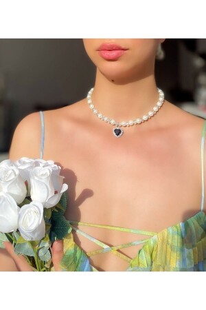 Incili Parlak Taşlı Siyah Kalp Kolye pinkylady155 - Pinky Lady