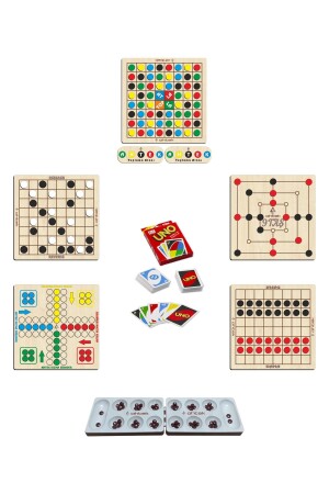 Intelligenzspiel-Set aus Holz, 7 Teile Mangala + 9 Steine ​​+ Dame + Springen und Sammeln + Ludo + Reversi + Uno-Karten eticset333 - Ahtek