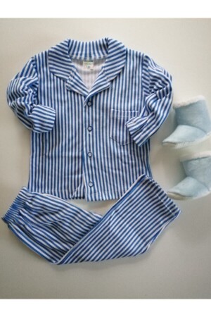 Interlok Düğmeli Çizgili Pijama Tk. Mavi 1337 - BEKA