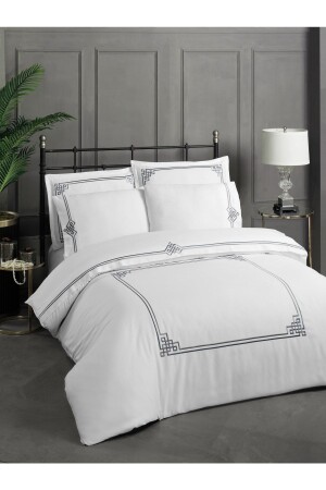 Ionia V.3 %100 Pamuk Saten Nevresim Takımı Lastikli Çarşaf King Size(XL)beyaz (GRİ ANTRASİT NAKIŞLI) NIV009 - Silkarea