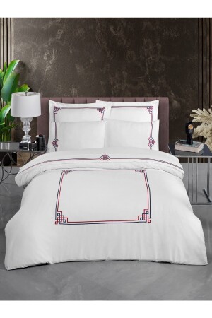 Ionia V.4%100 Pamuk Saten Nevresim Takımı Lastikli Çarşaf King Size Beyaz (LACİVERT KIRMIZI NAKIŞLI) NIV006 - Silkarea