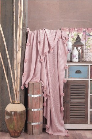 Ipekçe Pompomed Knitwear Kniedecke Puder SURANEV-Einzelpulver mit Pompom - İpekçe Home