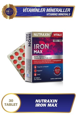 MNZ- Iron Max 17 Mg 30 حبوب - الحديد - فيتامين سي - فيتامين ب6- حمض الفوليك - B12 - Nutraxin