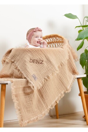 [ Istediğiniz Ismi Yazıyoruz ] Sütlü Kahve 4 Katlı Müslin Bebek Ve Çocuk Battaniyesi 110x110cm - Tosbiş