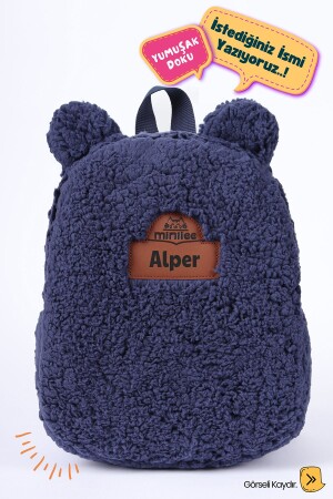[İSTEDİĞİNİZ İSMİ YAZIYORUZ] - Teddy-Peluş Lacivert 0-8 Yaş - Kreş- Anaokulu Çocuk Sırt Çantası - Minilee