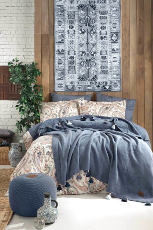 Iyi Geceler Istanbul Boho Chic Çift Kişilik Püsküllü Battaniyeli Nevresim Seti-cobalt Mavi OST91500 - İyi Geceler İstanbul