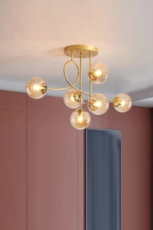 Jade Special Design Modern Sports Gold Farbe Honigglas Wohnzimmer – Küche – Schlafzimmer 6-teiliger Kronleuchter LAJADE22 - Fer Avize