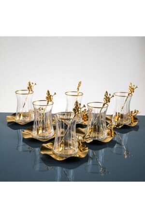 Japanese Rose Gilding Decorated Metal Gold Color Tea Plate 18 Pieces Tea Set for 6 Persons 18 STICKS POLISHING - Paşabahçe