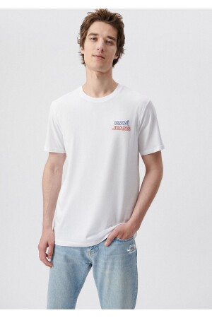 Jeans Baskılı Beyaz Tişört Slim Fit / Dar Kesim 066841-620 - Mavi