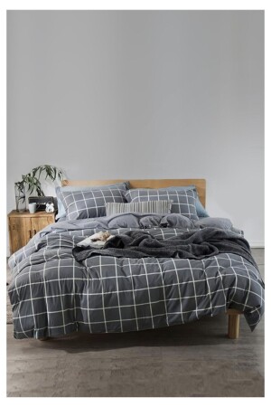 Jersey Smoked Square Line Double Duvet Cover Set NEWSHERİGREY0210639 021444511188894858894 - Sheri Home