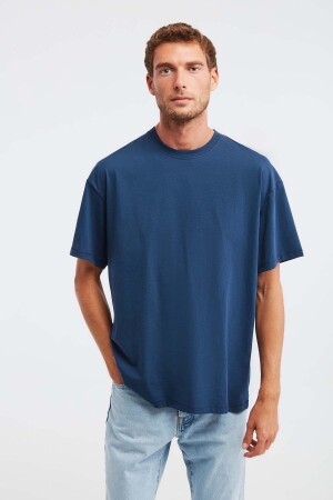 Jett Erkek Oversize Fit %100 Pamuk Kalın Dokulu Lacivert T-shirt - Grimelange
