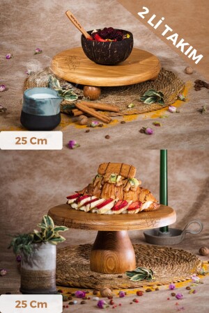 Justwood 2 Li Risus&lucca Top Footed 25 Cm and 25 Wooden Round Cake Presentation Serving Plate Set GW007 - kitchen trend