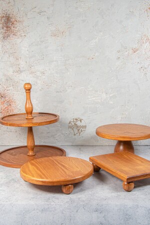Justwood 4 Piece 2 Tier Cake Stand - 25 Cm Cake Rack - 25 Cm Risus - 17x25 Risus Small Size Wooden Dowry Set - Kitchen Trend
