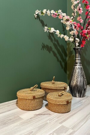Jute - Wicker - 3-Piece Basket with Lid - Multi-Purpose Basket - Bathroom - Kitchen - Makeup Basket - Decor - Organizer - Türkmen Ev Tekstil