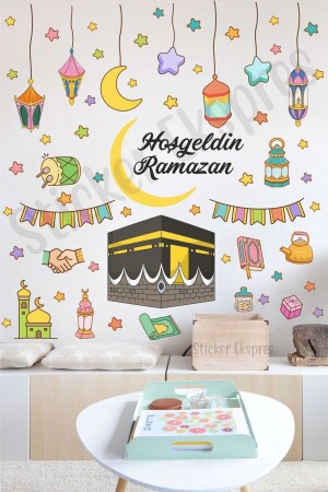Kaaba und bunte Ramadan-Laternen, Ramadan-Glaswand-Türaufkleber-Set - Sticker Ekspres