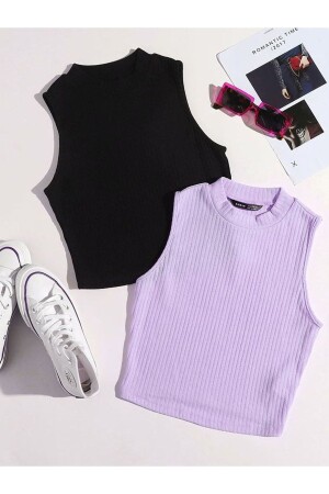 Kadın 2 lİ Adet Fitilli %100 PAMUKLU Örme Kaşkorse Crop Bluz Atlet - Öz Pamuk