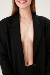 Kadın 2 Sıra Model Kristal Zirkon Taşlı Gümüş Su Yolu Kolye Küpe Seti Abiye Elbise Uzun Takı Seti FR433 Stone Necklace Earrings Silver - Furtek Aksesuar