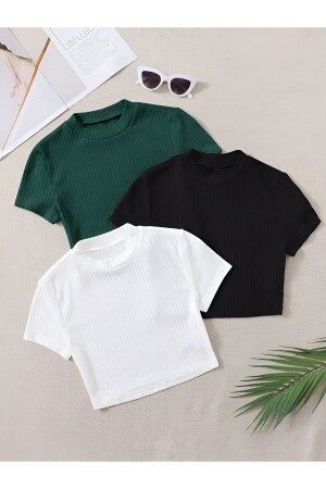 Kadın 3 Lü Adet Siyah Fitilli Pamuklu Örme Crop T-shirt - Öz Pamuk