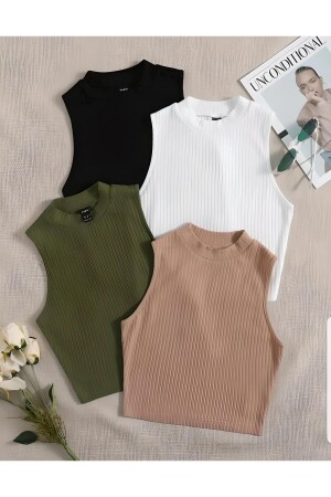 Kadın 4 lü Adet Fitilli %100 PAMUKLU Örme Kaşkorse Crop Bluz ATleT - Öz Pamuk