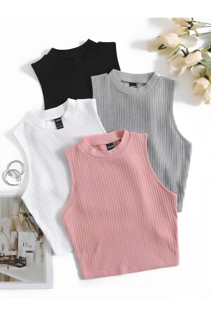 Kadın 4 lü Adet Fitilli %100 PAMUKLU Örme Kaşkorse Crop Bluz ATleT - Öz Pamuk