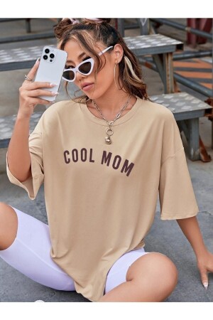 Kadın Bej Cool Mom Baskılı Hamile Tişört MARECASHTYC00729196041 - MARECASH