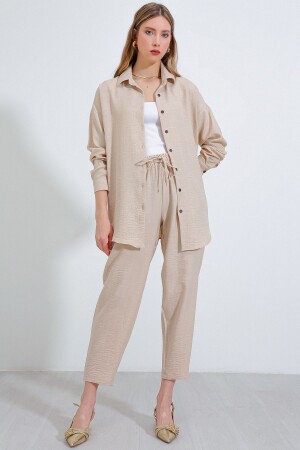 Kadın Bej Oversize Keten Alt Üst Takım 6622 - Bigdart