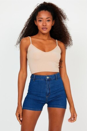 Kadın Bej Scuba Kumaş Ön Arka V Yaka Ip Askılı Crop Top - The Base