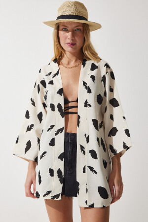 Kadın Bej Siyah Desenli Keten Viskon Kimono BH00381 - Happiness İstanbul