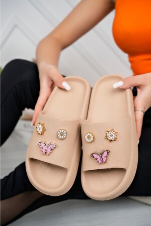 Kadın Bej Taşlı Günlük Plaj Deniz Havuz Terliği Jel PLN02 - PLN SHOES