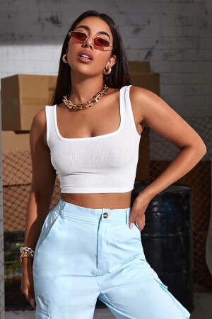 Kadın Beyaz Askılı Crop Top Bluz - Imoda