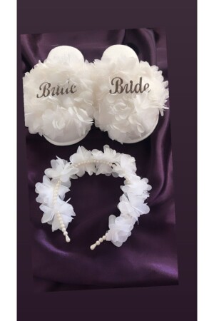 Kadın Beyaz Bride Incili Taç Terlik - Hüner Aksesuar