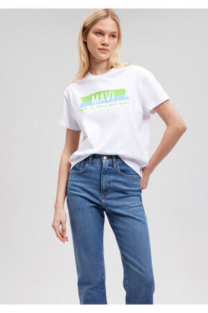Kadın Beyaz Doğa Dostu Make The Planet Great Again Baskılı T-Shirt - Mavi