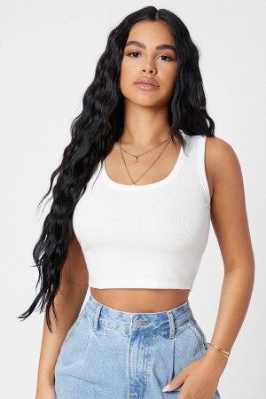Kadın Beyaz Kare Yaka Crop Top Bluz - Imoda