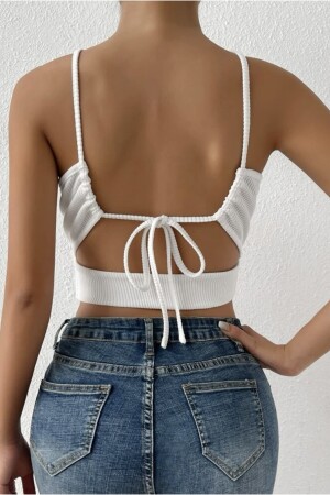 Kadın Beyaz Kaşkorse Arkadan Bağlamalı Kemerli Crop Top Bluz - Madalina