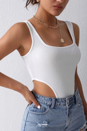 Kadın Beyaz Kaşkorse Kumaş Askılı Büstiyer Body - Madalina